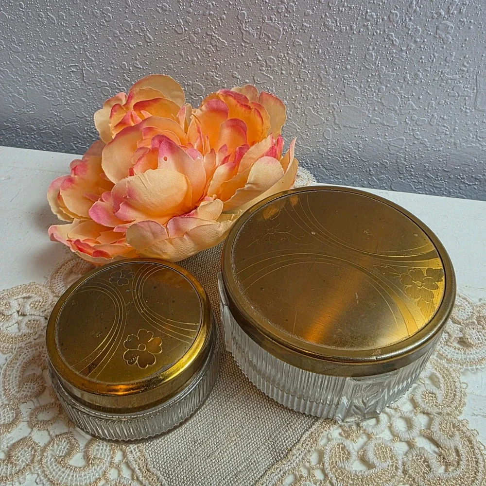 Vintage Glass Vanity Jar Set 2pc Floral Etched Brass Lids Ribbed Clear Glass